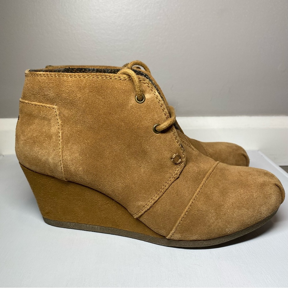 BOBS by Skechers Memory Foam Ankle Boots Women’s 7 Tan Lace Up Wedge Heel Bootie - Picture 7 of 15